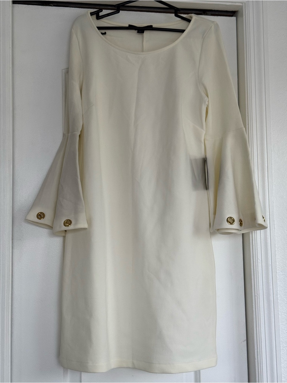 Boston Proper Cream Bell-Sleeve Midi Dress with Gold Buttons